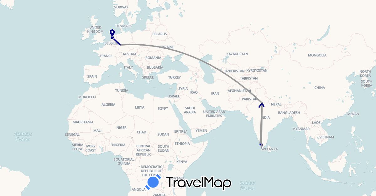 TravelMap itinerary: driving, plane in Germany, India, Netherlands (Asia, Europe)